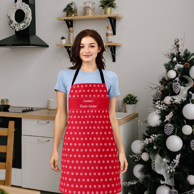 Winter Christmas white snowflakes pattern red Apron (Creator Uploaded)