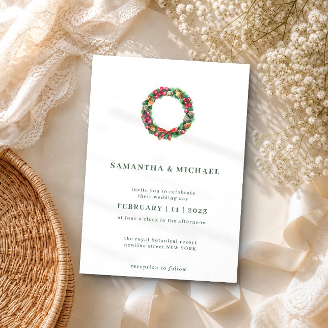 Winter Christmas Wreath Simple Elegant Wedding Invitation (Creator Uploaded)