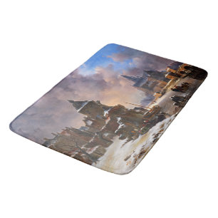 Winter Cityscape With Frozen River Classical Art Bath Mat