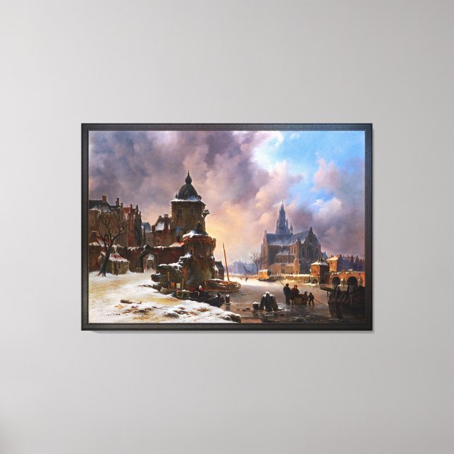 Winter Cityscape With Frozen River Classical Art Canvas Print (Front)