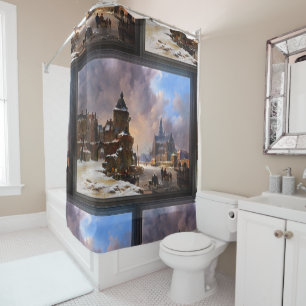Winter Cityscape With Frozen River Classical Art Shower Curtain
