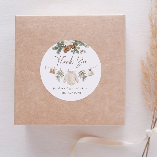 Winter Clothesline Baby Shower Classic Round Sticker (Creator Uploaded)