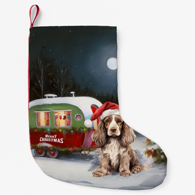 Winter Cocker Spaniel Caravan Christmas Adventure Small Christmas Stocking (Front)