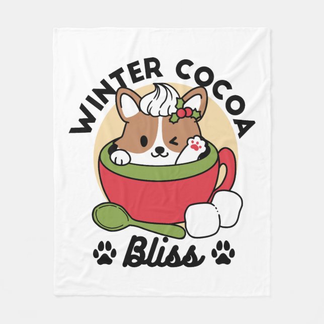 Winter Cocoa Bliss - Cute Dog in Mug Design Fleece Blanket (Front)