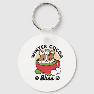 Winter Cocoa Bliss - Cute Dog in Mug Design Key Ring