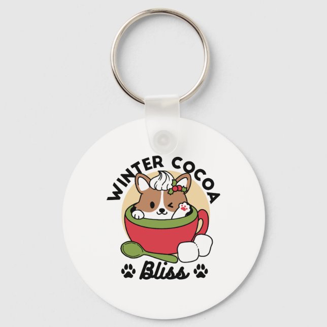 Winter Cocoa Bliss - Cute Dog in Mug Design Key Ring (Front)