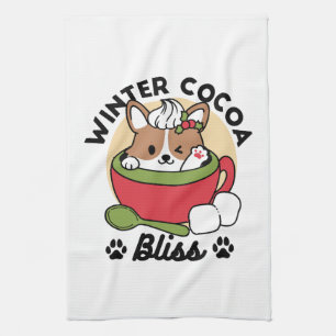Winter Cocoa Bliss - Cute Dog in Mug Design Tea Towel