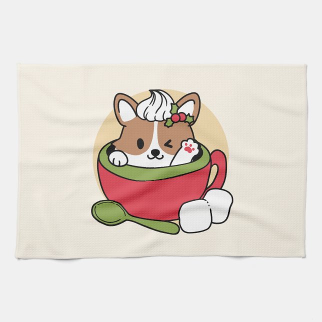 Winter Cocoa Bliss - Cute Dog in Mug Design Tea Towel (Horizontal)