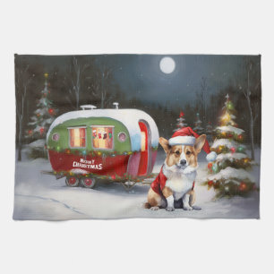 Winter Corgi Caravan Christmas Adventure  Tea Towel