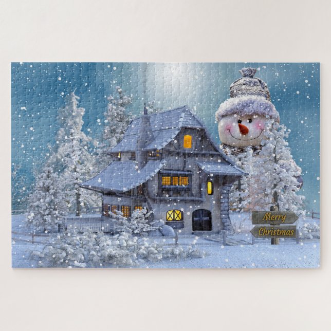 Winter Cottage and Snowman Christmas Jigsaw Puzzle (Horizontal)
