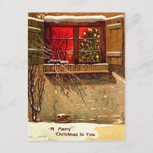 Winter Cottage Candlelit Christmas Tree Window Holiday Postcard