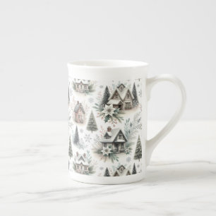 Winter Cottage Snowfall Pattern Bone China Mug