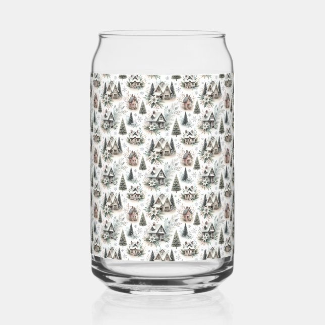 Winter Cottage Snowfall Pattern Can Glass (Front)
