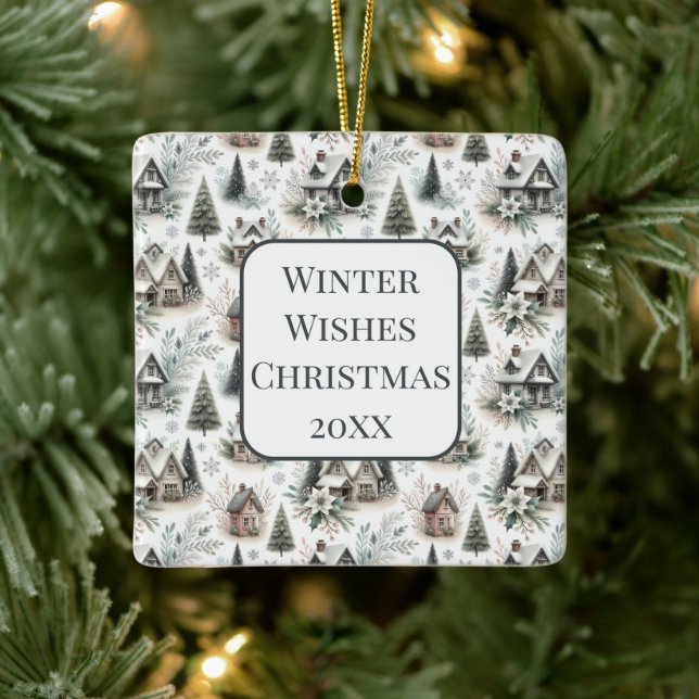 Winter Cottage Snowfall Pattern Ceramic Ornament (Tree)