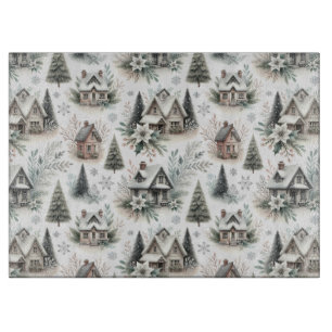 Winter Cottage Snowfall Pattern Cutting Board