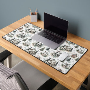 Winter Cottage Snowfall Pattern Desk Mat