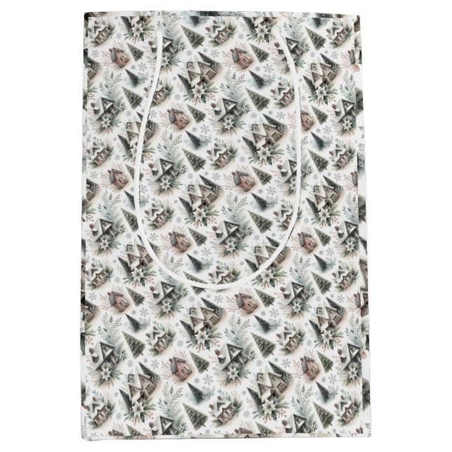 Winter Cottage Snowfall Pattern Medium Gift Bag (Front)