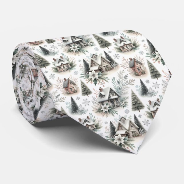 Winter Cottage Snowfall Pattern Tie (Rolled)
