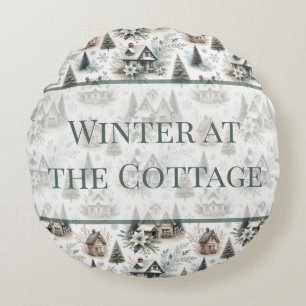 Winter Cottage Snowfall Words Round Cushion