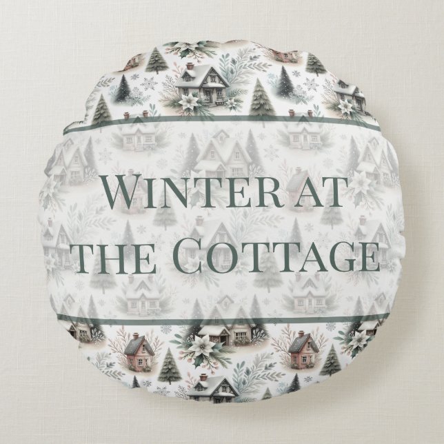Winter Cottage Snowfall Words Round Cushion (Front)