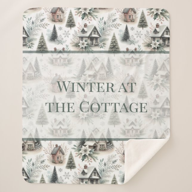 Winter Cottage Snowfall Words Sherpa Blanket (Front)