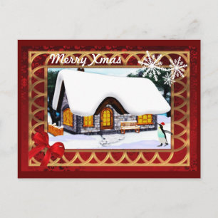 Winter cottage snowsene with penguin  christmas holiday postcard