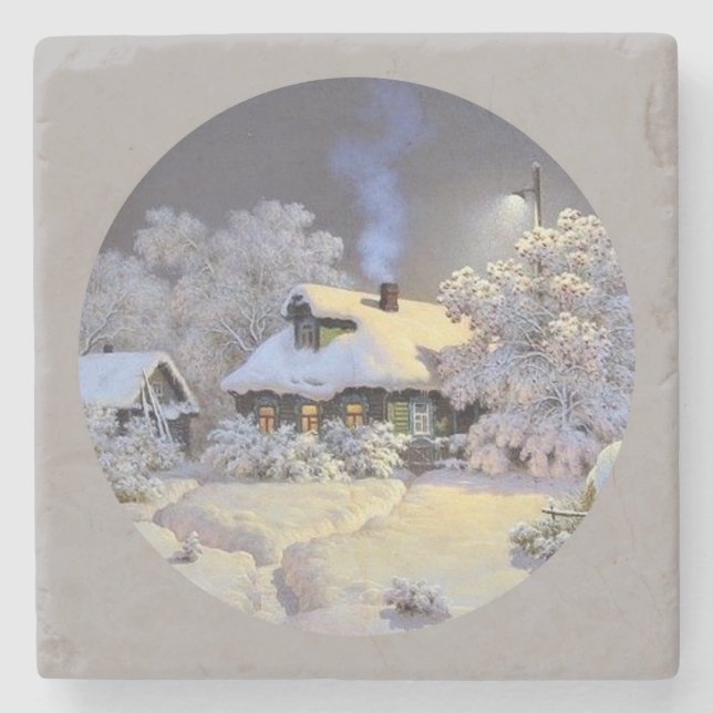 Winter Cottage Stone Coaster (Front)