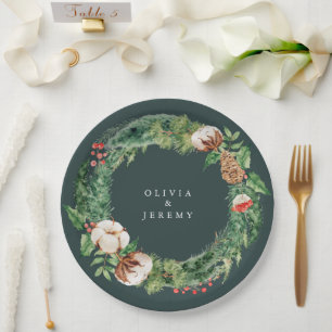 Winter Cotton and Greens Mongram Wedding Paper Plate