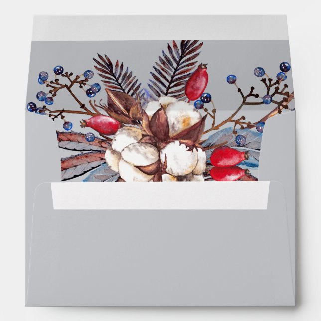 Winter Cotton Dusty Blue Red Berries Wedding Envelope (Back (Bottom))