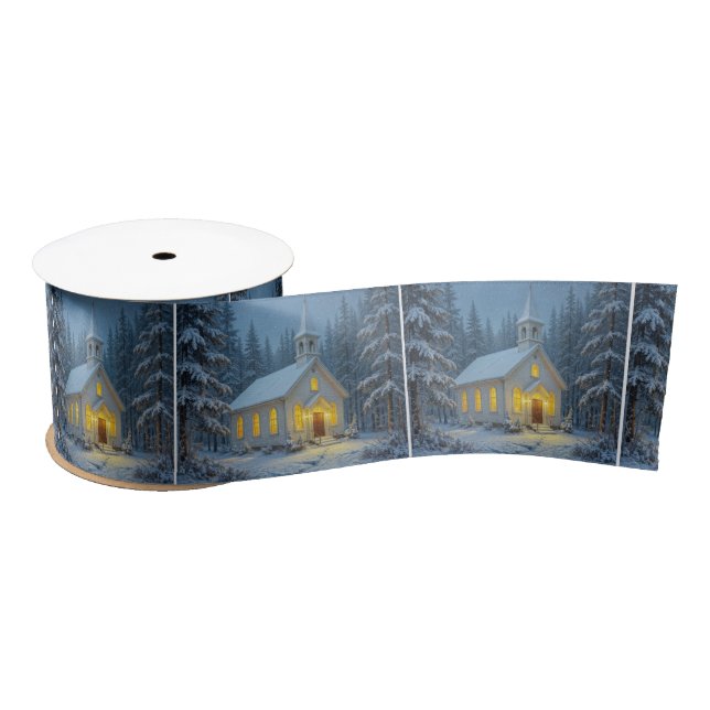 Winter Country Church In Snowflakes Satin Ribbon (Spool)