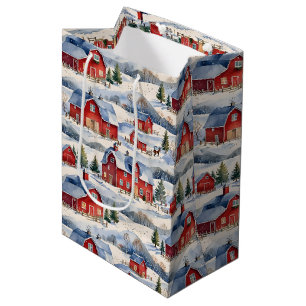 Winter Country Farm & Red Barns Medium Gift Bag