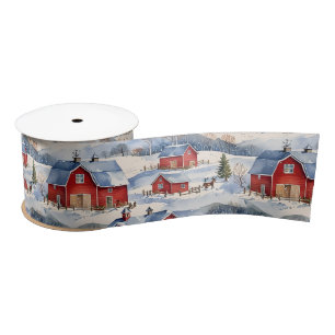 Winter Country Farm & Red Barns Satin Ribbon