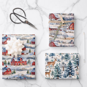 Winter Country Farm & Red Barns Wrapping Paper Sheet