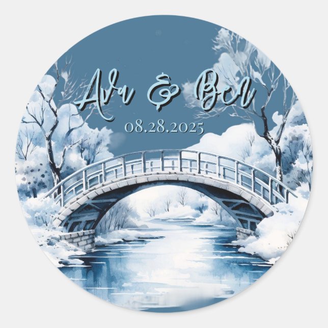 Winter Country Water Stream Bridge Wedding Classic Round Sticker (Front)