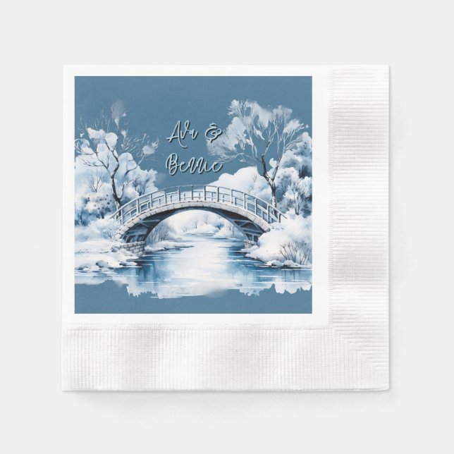 Winter Country Water Stream Bridge Wedding Napkin (Front)