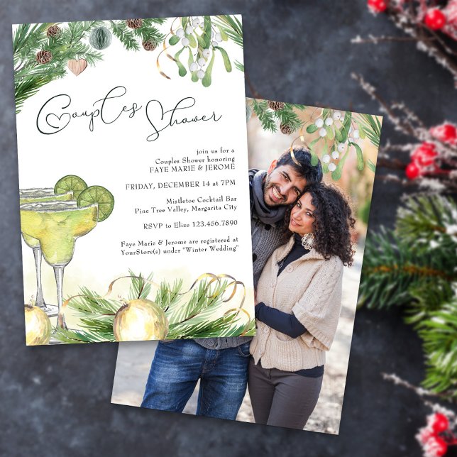 Winter Couples Shower Margarita Mistletoe Photo Invitation (Winter Couples Shower invitation with margarita cocktails, pine and mistletoe
)