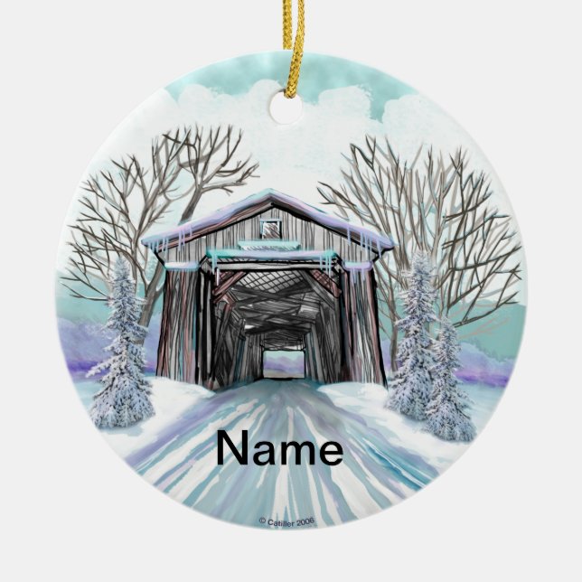 Winter Covered Bridge Ceramic Tree Decoration (Front)