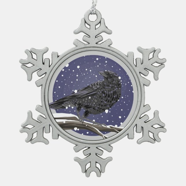 Winter Crow Snowflake Pewter Christmas Ornament (Front)
