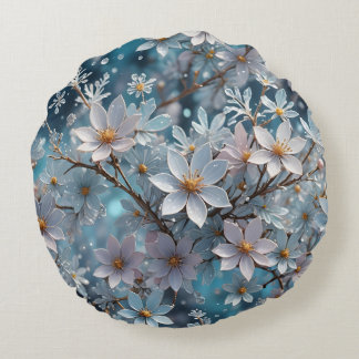 Winter Crystal Frost Sakura Blossom Round Pillow