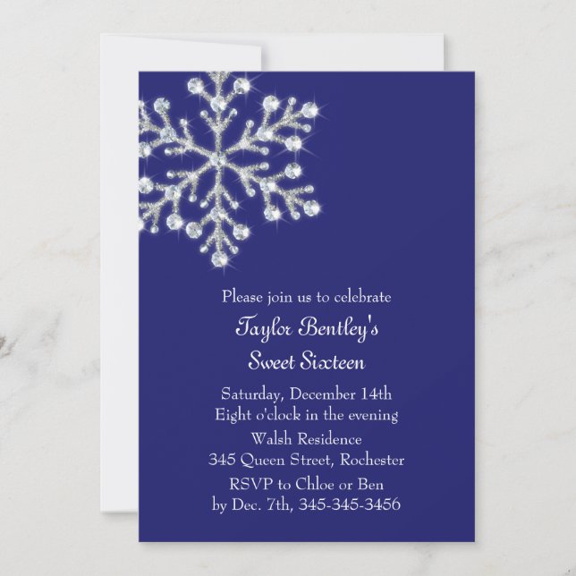 Winter Crystal Sweet 16th Birthday Invite indigo (Front)
