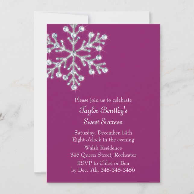 Winter Crystal Sweet 16th Birthday Invite magenta (Front)