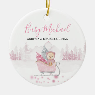 Winter Cute Bear Baby Girl Pregnancy Announcement Ceramic Tree Decoration