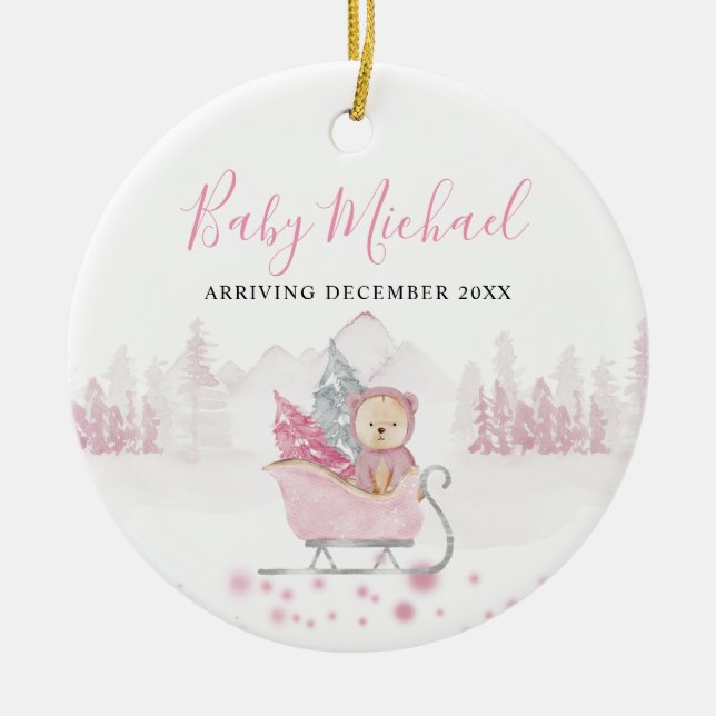 Winter Cute Bear Baby Girl Pregnancy Announcement Ceramic Tree Decoration (Front)