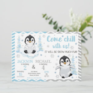 Winter Cute Penguins Joint Birthday Invitation