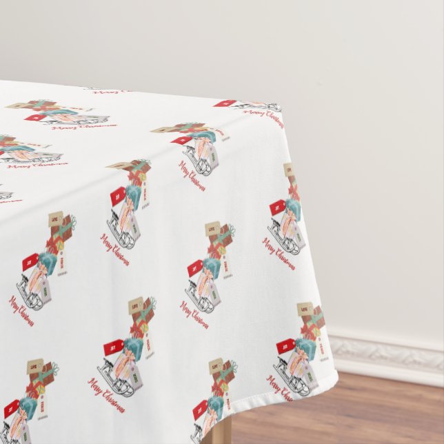 Winter Cute Sled Pattern Red White Merry Christmas Tablecloth (In Situ)
