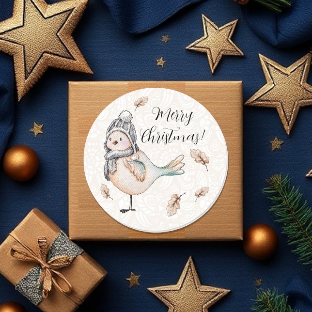 Winter Cute Sparrow Illustration Classic Round Sticker (Creator Uploaded)