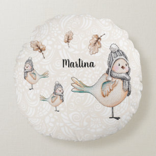 Winter Cute Sparrow Illustration Personalised Round Cushion