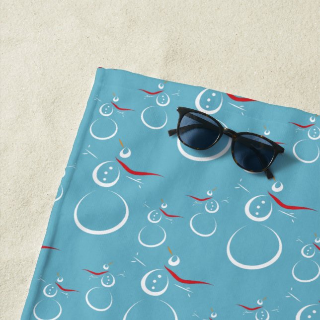 Winter Cyan Cute Snowman Family Pattern Beach Towel (In Situ)