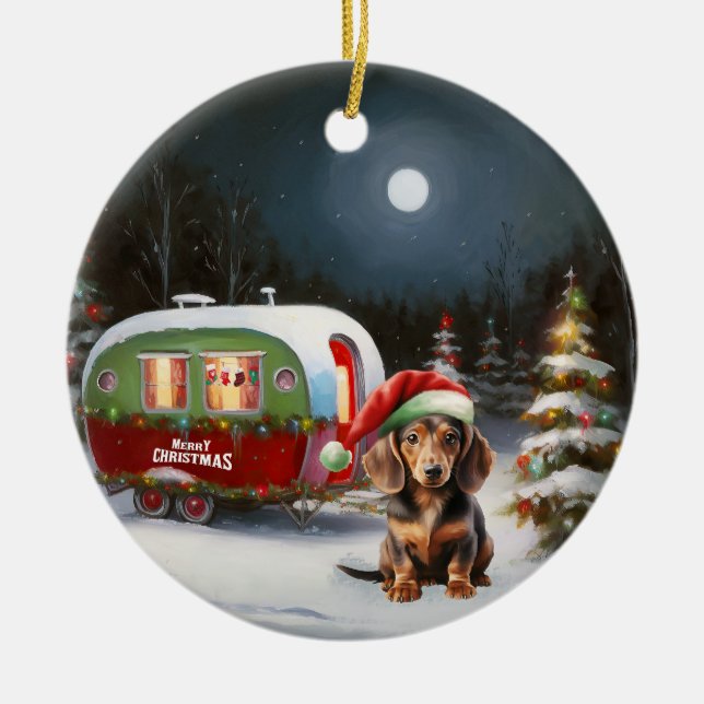 Winter Dachshund Caravan Christmas Adventure  Ceramic Tree Decoration (Front)