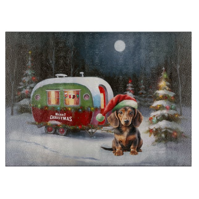 Winter Dachshund Caravan Christmas Adventure  Cutting Board (Front)